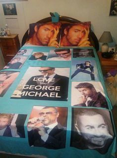 there is a bed with many pictures on it