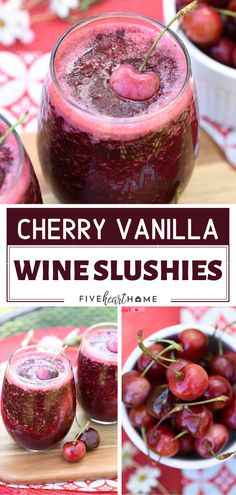 cherry vanilla wine slushies with cherries in the background and text overlay