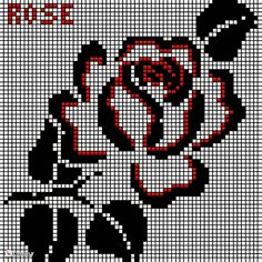 a cross stitch pattern with a red rose on the front and black outline in the back