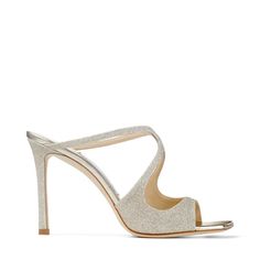 Platinum Ice Dusty Glitter Mules | ANISE 95 | Winter 2021 Collection | JIMMY CHOO Silver Strappy Sandals, Jimmy Choo Bing, Perfect Wedding Shoes, Mules Sandals, Glitter Sandals, Wedding Shoes Heels, Satin Pumps, Strappy Sandals Heels, Modern Square