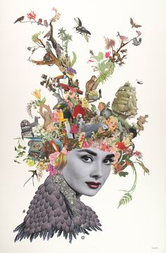 a woman's head with birds, flowers and other things in her hair on top of it