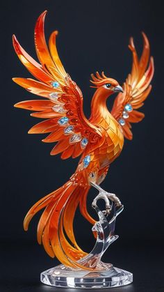 a glass sculpture of a bird on a clear base with blue and orange crystals in its wings