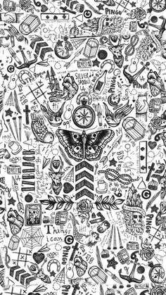 a black and white drawing of many different things