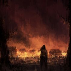 Burning Town Fantasy Art, Burning Village Aesthetic, House On Fire Painting, Fire Fantasy Aesthetic, Messiah Aesthetic, Village On Fire, Hostage Aesthetic, Fire Village, Town On Fire