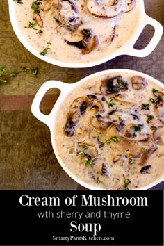 two bowls of cream of mushroom soup on a table