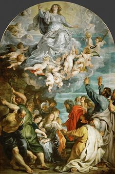 an image of the birth of jesus with angels and other people around it in a painting