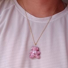 18k Yellow Gold Pink Teddy Bear Necklace Swarovski Rhinestones Rope Chain Sz 20" Lightweight Chain Approx 1.0g 18k Gold Pendant Is Swarovski Stone And Rhinestones Unbranded Jewelry Stamped Au750 750 18k Pawnable Gold Pink Jewelry With Sparkling Stones For Gift, Pink Pendant Necklace With Clavicle Chain, Pink Sparkling Stones Jewelry Gift, Pink Sparkling Stones Jewelry For Gifts, Luxury Pink Jewelry With Chain, Pink Rhinestone Clavicle Chain Necklace, Pink Clavicle Chain Rhinestone Necklace, Pink Gold-plated Jewelry With Adjustable Chain, Luxury Crystal Rhinestone Necklace For Gift