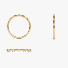 three pieces of gold jewelry including a ring, bracelet and earring with diamond accents