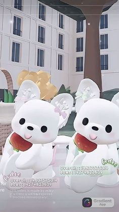 two white teddy bears are standing in front of a building