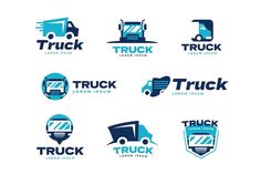 the logos for trucks are shown in blue and white colors, including one with a truck on