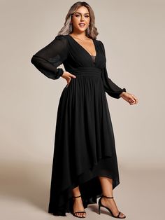 Plus Size V-Neck Long Lantern Sleeves A-Line Chiffon Bridesmaid Dress #color_Black Ever Pretty, Black Bridesmaid Dresses, Affordable Dresses, Chiffon Long Sleeve, Chiffon Bridesmaid Dress, Bridesmaid Gown, Versatile Dresses, Chiffon Bridesmaid, Inspiration Mode