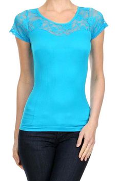 Short Sleeve Lightweight Fashion Top With Floral Lace Trim Fitted Lace Top T-shirt With Crew Neck, Casual Stretch Lace Top With Lace Sleeves, Lace Stretch Crew Neck Top, Lace Crew Neck Stretch Top, Stretch Lace Top With Crew Neck, Fitted Lace Top T-shirt For Spring, Casual Tops With Lace Sleeves And Crew Neck, Summer Lace Top In Solid Color, Solid Color Summer Lace Top