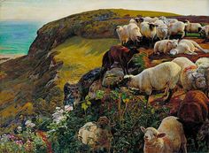 a painting of sheep grazing on the side of a hill