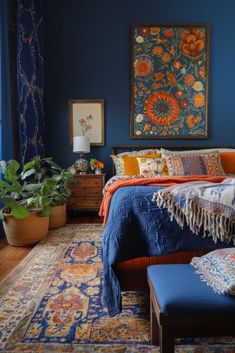 29 Bright Blue Boho Bedroom Ideas for a Vibrant and Relaxing Retreat 23 Blue Boho Bedroom Ideas, Blue Boho Bedroom, Dark Blue Rooms, Dark Blue Bedrooms, Blue Bedroom Walls, Dark Blue Walls, Bright Decor, Timeless Interior, Boho Bedroom Ideas