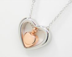 a silver and gold heart pendant on a chain