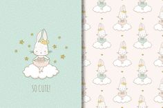 two wallpapers with bunny on clouds and stars in the sky, one has a crown