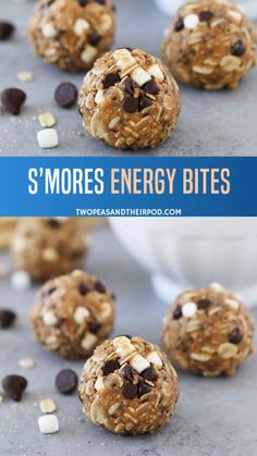 chocolate chip cookie energy bites on a baking sheet with text overlay that reads, s'mores energy bites