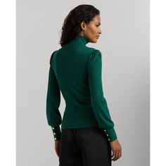 Crest-embossed buttons and puffed long sleeves enhance the elegance of this ribbed mockneck sweater which is rendered in a cotton blend for a soft hand. Fitted Polo Sweater With Buttons For Fall, Fitted Polo Sweater With Buttons For Winter, Winter Fitted Button Polo Sweater, Winter Fitted Polo Sweater With Buttons, Elegant Fitted Ribbed Polo Sweater, Elegant Turtleneck Mock Neck Top, Elegant Solid Color Funnel Neck Sweater, Elegant Long Sleeve Mock Neck Top For Winter, Elegant Long Sleeve Turtleneck