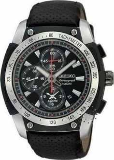 This timepiece by Seiko for men offers a stainless steel case and leather bracelet. The black dial includes a date window. This handsome watch also features a scratch-resistant hardlex crystal, a precise quartz movement, alarm, and a water resistance level of up to 100 meters (330 feet). Hardlex Crystal 60 minute Chronograph records elapsed time up to 60 minutes and will run for up to 12 hours. Chronograph 2nd hand runs in 1/5 second increments Black dial with white hands and markers Date Alarm Leather Chronograph Watch For Outdoor, Leather Chronograph Watch With Analog Display, Automatic Leather Chronograph Watch With Rectangular Dial, Automatic Chronograph Watch With Leather Strap And Rectangular Dial, Outdoor Leather Chronograph Watch, Leather Watches With Tachymeter And Rectangular Dial, Outdoor Black Leather Chronograph Watch, Black Leather Chronograph Analog Watch, Black Leather Chronograph Watch With Analog Display