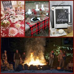 a collage of photos with food and drinks on it, including a fire pit