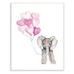 an elephant with pink heart shaped balloons in its trunk is shown on a white background