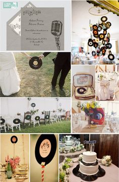 a collage of photos with various items in it including cake, wedding decorations and other things