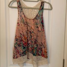 Gorgeous Top With Beautiful Colors And Unique Lace Crochet Detailing. Great For Summer! Pink Tank Top For Day Out, Bohemian Tank Top With Floral Print, Pink Floral Print Tank Top For Day Out, Bohemian Floral Print Tank Top, Spring Pink Cami Tank Top, Pink Cami Tank Top For Spring, Feminine Floral Print Sleeveless Tank Top, Multicolor Spring Vest Tank Top, Multicolor Floral Print Tank Top For Day Out