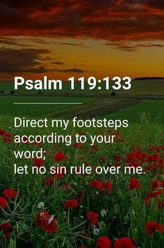 a field full of red flowers with the words, jesus 11 13 direct my footprints according to your word let no sin rules over me