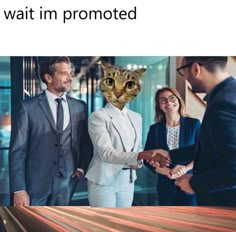 two men shaking hands with a cat in front of them and the caption that says,