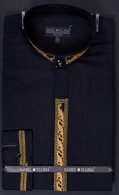 <p>Daniel Ellissa Men's Banded Collar Dress Shirt - Leaf Print Embroidery. Pictured in Black/Gold. <br/><br/> Leaf Print Embroidery <br/> Long Sleeve <br/> Banded Collar <br/> Hidden Buttons <br/> Buttoned Cuffs <br/> 65% Polyester / 35% Cotton</p> Formal Festive Embroidered Shirt, Festive Formal Embroidered Shirt, Traditional Embroidered Shirt For Formal Occasions, Shirts With Embroidery, Mens Dresses, Boys Kurta Design, Kurta Pajama Men, French Cuff Dress Shirts, Nigerian Men Fashion