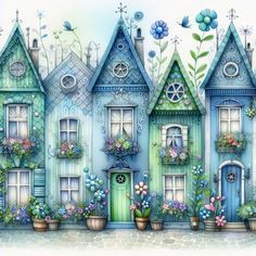 a painting of some houses with flowers and plants on the windowsills in front of them