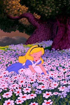 a cartoon character sitting in the middle of a field of flowers