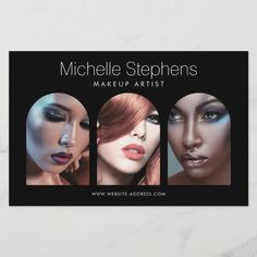 makeup artist business card with three women's face and make - up on them