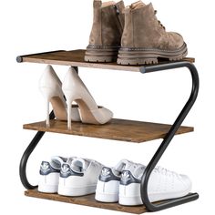 three tiered shoe rack with two pairs of shoes on top and one pair of high heels