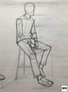 a drawing of a man sitting on a stool with his legs crossed and feet crossed