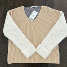 White Tan Grey Colorblock Sweater. No Flaws, Never Worn Trendy White Color Block Sweater, White Sweater With Contrast Color For Layering, Modern White Winter Sweater, Modern White Color Block Tops, Lurex Sweater, Colorblock Sweater, Puff Sleeve Sweater, Plaid Sweater, Burgundy Sweater