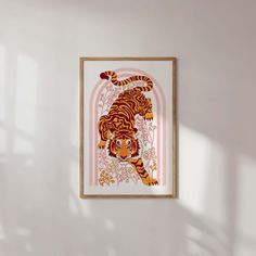 a tiger is standing in front of a white wall with pink and orange designs on it