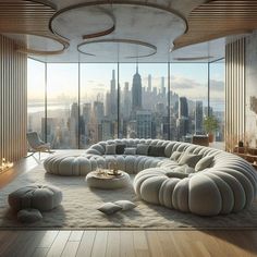 a living room filled with lots of furniture in front of large windows overlooking the city