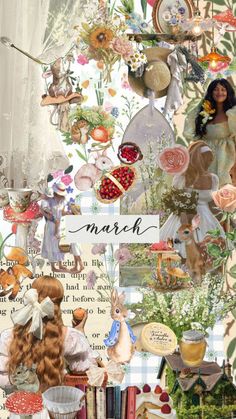 a collage of images with flowers, books and other things in them that are all over the place