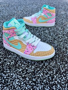 Strawberry Mint Ice Cream Jays Shoe Bakery, Ice Cream Shoes, Nike Shoes Women Fashion, Nike Products, Custom Sneakers Diy, Pretty Sneakers, Mint Ice Cream, Strawberry Mint, Waffle Cone