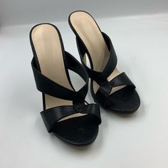 Very Cute Black High Heel Slides. Brand New Of Man Made Materials 5” Heel. M/S-29 Sleek Synthetic Slip-on Mules, Black Slip-on Slide Mules, Casual Platform Mules For Party, Slip-on Closed Toe Party Sandals, Slip-on Closed Toe Sandals For Party, Black Leather Slides With Wedge Heel, Black Leather Wedge Heel Slides, Casual Round Toe Mules For Party, Chic Synthetic Slides With Round Toe