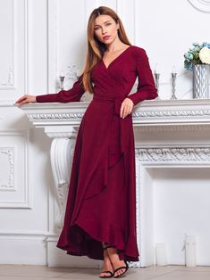 Burgundy Long Wrap Dress Bridesmaid Dress Cocktail Dress | Etsy Chic V-neck Prom Gown, Chic V-neck Bridesmaid Evening Dress, Chic Flowy V-neck Evening Dress, Chiffon V-neck Wrap Dress For Party, Elegant V-neck Prom Dress, Midi Length Bridesmaid Dress For Prom Season, Elegant Formal Floor-length Maxi Dress, Fitted Chiffon Midi Dress For Bridesmaids, Elegant Floor-length Formal Maxi Dress