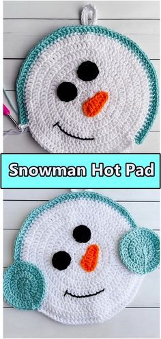 two crocheted snowman hot pads are shown with the same pattern on them