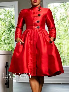 Lasaky - Refined Dress with Stand Collar, Buttoned Front, and Exquisite Pocket Stitching Red Dress Curvy Classy, Elegant Shirt Dress, Elegant Style Dress, Plus Size Formal Dress, Plus Size Elegant Dresses, Button Maxi Dress, Long Sleeve Bandage Dress, Fashion Stand, Phenomenal Woman