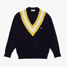 -Brand New With Tags Attached -Gorgeous Lacoste V-Neck Sweater Crafted In Ethical Wool With A Trendy Cut And Ribbed Finishes -Responsible 100% Wool Rib -Thick Ribbed V-Neck And Thick Ribbed Finishes At Wristbands And Bottom Of Garment -Contrast Knitted V-Shaped Bands -Embroidered Green Crocodile On Chest -Navy Blue / Yellow / White -Size 34 (Equivalent To A Size Small) Green Crocodile, Wool Sweaters Womens, Lacoste Women, Knitwear Dress, Beige Sweater, Sweater Sale, Wristbands, Sweater Making, Wool Sweater