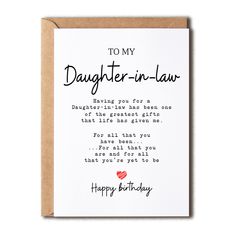 a card with the words to my daughter - in - law on it