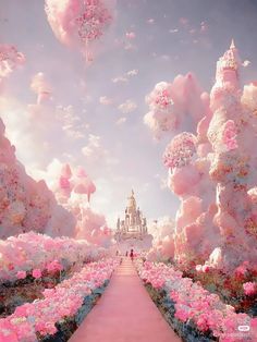 an image of a castle in the sky with pink flowers on it's walkway