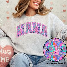 Celebrate your love for Bluey with our Vibrant Bluey Mama Sweatshirt featuring vibrant colors and a Lisa Frank and Barbie Meets Bluey design! Perfect for cozying up during family movie nights or joining in on the fun at a Bluey birthday party, this sweatshirt features a playful graphic that captures the spirit of your favorite characters. It's not just a piece of clothing; it's a statement that you're truly in your In Your Bluey Era!   About this item -Gildan Sweatshirts are unisex and run true Bluey Birthday Shirts For Mom, Bluey Birthday Tshirts, Bluey Mom And Dad Shirts, Bluey Sublimation Shirts, Bluey Mum Shirt, Family Movie Night, Mama Sweatshirt, Gildan Sweatshirts, Birthday Shirts