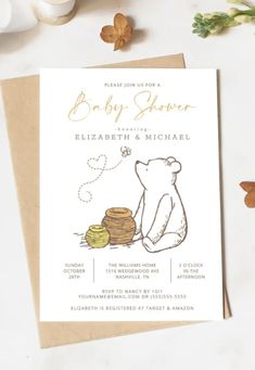 a baby shower is shown with an illustration of a bear