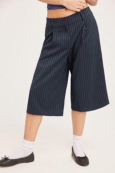 Cropped Twill Suit Trousers - Dark Blue Pinstripe - Monki WW Trendy Cropped Leg Workwear Bottoms, Trendy Cropped Bottoms For Workwear, Trendy Cropped Leg Bottoms For Workwear, Tailored Cropped Leg Bottoms For Business Casual, Trendy Cropped Workwear Pants, Trendy Spring Workwear Culottes, Trendy Spring Culottes For Work, Chic Cropped Leg Bottoms For Work, High-waisted Culottes For Work With Belt Loops